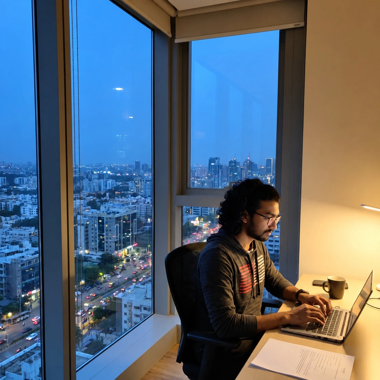 The operator working at a laptop by a window at dusk, city lights beyond.